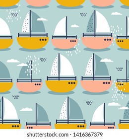 Boats, clouds, hand drawn colored seamless pattern. Marine background vector. Colorful illustration, overlapping backdrop. Decorative cute wallpaper, good for printing