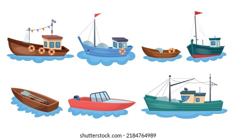 Barcos con redes de pesca. Pescador buque marino pesca marítima pesca marítima para la producción de pescado transbordo de mariscos transbordadores de buques de pesca de agua remolcador, ilustración vectorial neotópica del conjunto de embarcaciones de mar