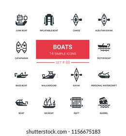 Boats - flat design style icons set. High quality black solid pictograms. Canoe, aleutian kayak, catamaran, inflatable, junk, motor, bass, gig boat, walkaround personal watercraft raft barrel