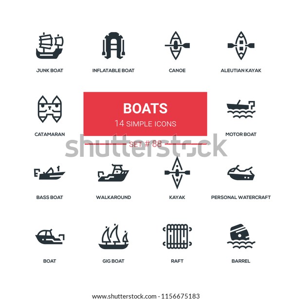 Boats - flat design style icons set. High quality\
black solid pictograms. Canoe, aleutian kayak, catamaran,\
inflatable, junk, motor, bass, gig boat, walkaround personal\
watercraft raft barrel
