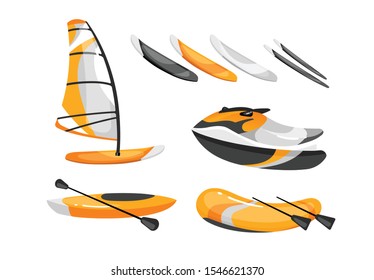 Boats flat vector illustrations set. Extreme water sport activities. Windsurfing, canoeing, kayaking, skiing equipment. Speedboat with paddles. Active lifestyle isolated cartoon clipart