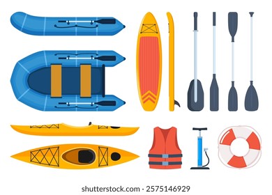 Boats and gear for rafting: Paddle board, kayak and inflatable boat. Basic set for SUP. Inflatable board, paddle, life jacket, pump.