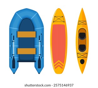 Boats and gear for rafting: Paddle board, kayak and inflatable boat. Vector