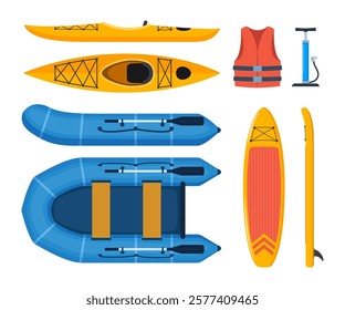 Boats and gear for rafting: Paddle board, kayak and inflatable boat. Basic set for SUP. Inflatable board, paddle, life jacket, pump.