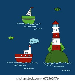 Boats and a lighthouse for children. Vector illustration of a sea theme