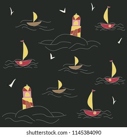 Boats and lighthouse on the black background. Vector pattern is good for prints