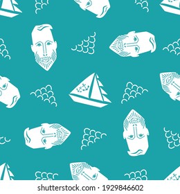 Boats, male face and abstract wave vector seamless pattern background. Aqua blue white backdrop with yachts,bearded man and doodle waves. Hipster duotone marine nautical repeat for beach vacation