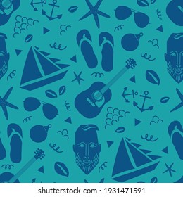 Boats, male face, anchors, guitar, flip flops vector seamless pattern background. Nautical backdrop with yachts,bearded man, sailing and musical instruments.Cyan blue marine repeat for beach vacation