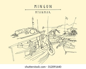 Boats in Mingun, Myanmar (Burma) on Irrawadi river. Sketch drawing. Touristic postcard or poster template in vector. Coloring book or calendar page idea.
