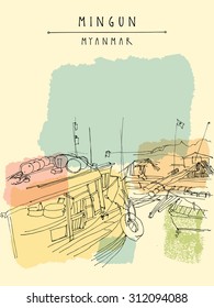 Boats in Mingun, Myanmar (Burma) on Irrawadi river. Sketch drawing. Touristic postcard or poster template in vector. Calendar page idea.