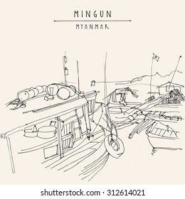Boats in Mingun, Myanmar (Burma) on Irrawadi river. Sketch drawing. Touristic postcard or poster template in vector. Coloring book or calendar page idea.