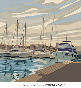 Boats are moored in the marina. Yachts moored in the evening harbor. Sea landscape with boats.