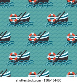 Boats, oars, lifebuoy in the sea. Marine background. Seamless abstract vector illustration.