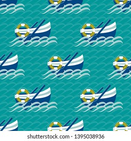 Boats, oars, lifebuoy in the sea. Marine background. Seamless abstract vector illustration.