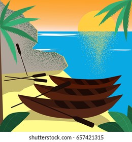 Boats on  beach. Vector art. Illustration of sunset with palms and beach. Concept of summer vacation.