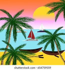 Boats on a beach vector illustration. Concept of summer vacation. Palms on a beach. Sunset illustration. 