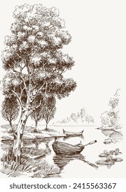 Boats on calm water, on lake in the forest vector hand drawing