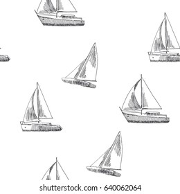 Boats on the sea. Vector seamless pattern with ships. Summer vacation texture in retro style