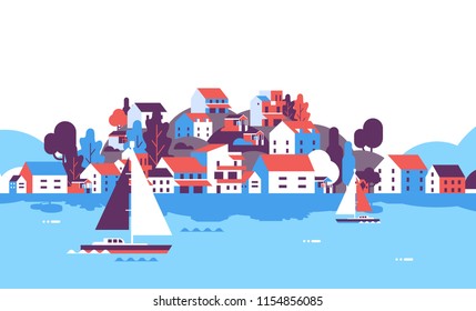 boats over beach seaside island houses hotels background sea yacht coast summer vacation concept flat horizontal vector illustration