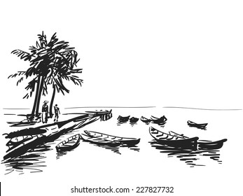 Boats at the pier, people and palm trees sketch. Hand drawn illustration