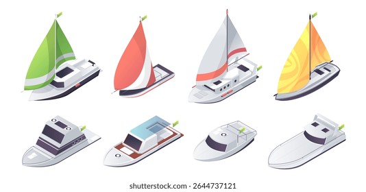 Boats and sailboats with single masts and triangular mainsails. Vector isolated collection of sailing vessels and yachts with streamlined hulls. Light water crafts for sports or trainings