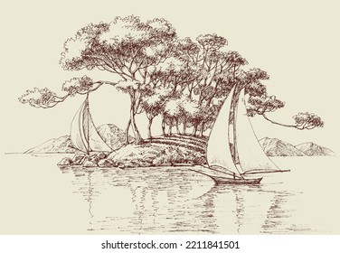 Boats sailing near an island hand drawing