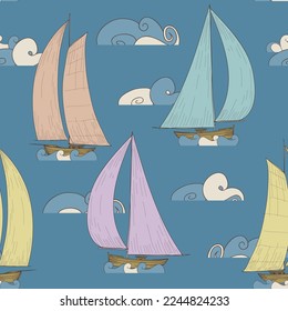 Boats sailing on sea waves cartoon seamless pattern