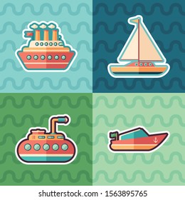 Boats and sailing yacht sticker flat icon set.