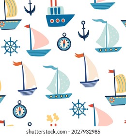 Boats seamless pattern. Cartoon sailboats, anchor, and steering wheel. Marine life. Marine pattern for fabric, children's clothing, background, textiles, wrapping paper and other decorations. Vector
