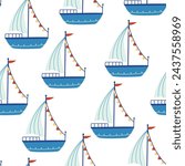 Boats seamless pattern. Marine theme. Trendy pattern of cute ships, sailboat for wrapping paper, wallpaper, stickers, notebook cover. Sea print. Vector cartoon backdrop illustration.
