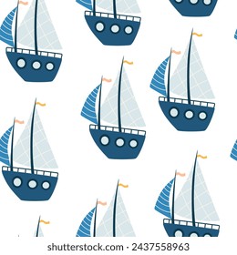 Boats seamless pattern. Marine theme. Trendy pattern of cute ships, sailboat for wrapping paper, wallpaper, stickers, notebook cover. Sea print. Vector cartoon backdrop illustration.