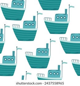 Boats seamless pattern. Marine theme. Trendy pattern of cute ships, sailboat for wrapping paper, wallpaper, stickers, notebook cover. Sea print. Vector cartoon backdrop illustration.