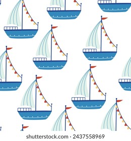 Boats seamless pattern. Marine theme. Trendy pattern of cute ships, sailboat for wrapping paper, wallpaper, stickers, notebook cover. Sea print. Vector cartoon backdrop illustration.