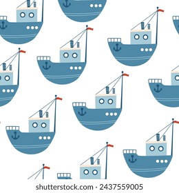 Boats seamless pattern. Marine theme. Trendy pattern of cute ships, sailboat for wrapping paper, wallpaper, stickers, notebook cover. Sea print. Vector cartoon backdrop illustration.