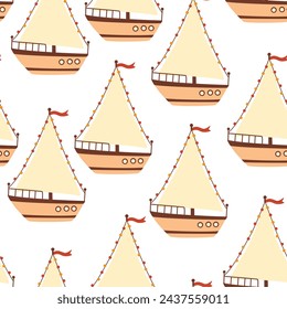 Boats seamless pattern. Marine theme. Trendy pattern of cute ships, sailboat for wrapping paper, wallpaper, stickers, notebook cover. Sea print. Vector cartoon backdrop illustration.