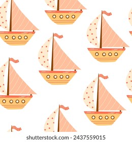 Boats seamless pattern. Marine theme. Trendy pattern of cute ships, sailboat for wrapping paper, wallpaper, stickers, notebook cover. Sea print. Vector cartoon backdrop illustration.