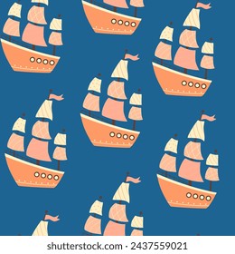 Boats seamless pattern. Marine theme. Trendy pattern of cute ships, sailboat for wrapping paper, wallpaper, stickers, notebook cover. Sea print. Vector cartoon backdrop illustration.