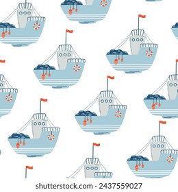 Boats seamless pattern. Marine theme. Trendy pattern of cute ships, sailboat for wrapping paper, wallpaper, stickers, notebook cover. Sea print. Vector cartoon backdrop illustration.