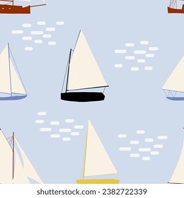Boats seamless pattern. Summer sea print with sailing ships. Nautical vector background