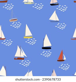 Patrón de barcos sin costura. Impresión marítima de verano con barcos de vela. Fondo vectorial naumático