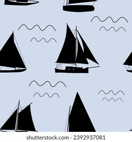 Boats seamless pattern. Summer sea print with sailing ships. Nautical vector background
