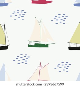 Boats seamless pattern. Summer sea print with sailing ships. Nautical vector background