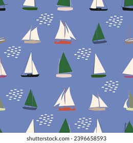 Boats seamless pattern. Summer sea print with sailing ships. Nautical vector background