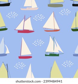 Boats seamless pattern. Summer sea print with sailing ships. Nautical vector background