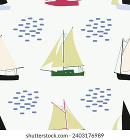 Boats seamless pattern. Summer sea print with sailing ships. Nautical vector background