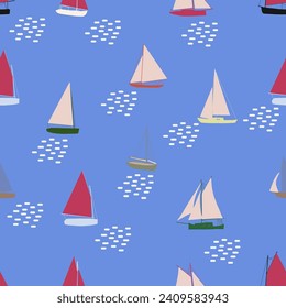 Boats seamless pattern. Summer sea print with sailing ships. Nautical vector background