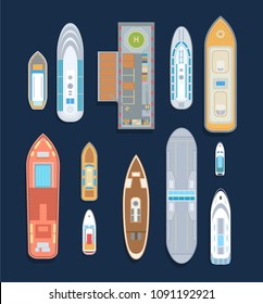Boats - set of modern vector elements isolated on dark background for creating your own images. Top view position of different water transport types, launch, ship, cargo barge