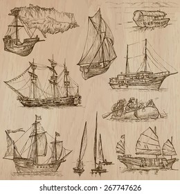 Boats and Ships around the World. Collection of an hand drawn vector illustrations (pack no.3). Each drawing comprises of three or four layers of lines, the colored background is isolated.