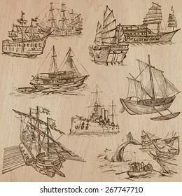 Boats and Ships around the World. Collection of an hand drawn vector illustrations (pack no.4). Each drawing comprises of three or four layers of lines, the colored background is isolated.