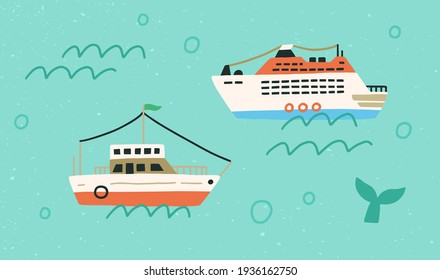 Boats and ships in open sea or ocean. Marine vessels floating in water with waves and bubbles. Childish colored flat vector illustration of touristic liners in Scandinavian style